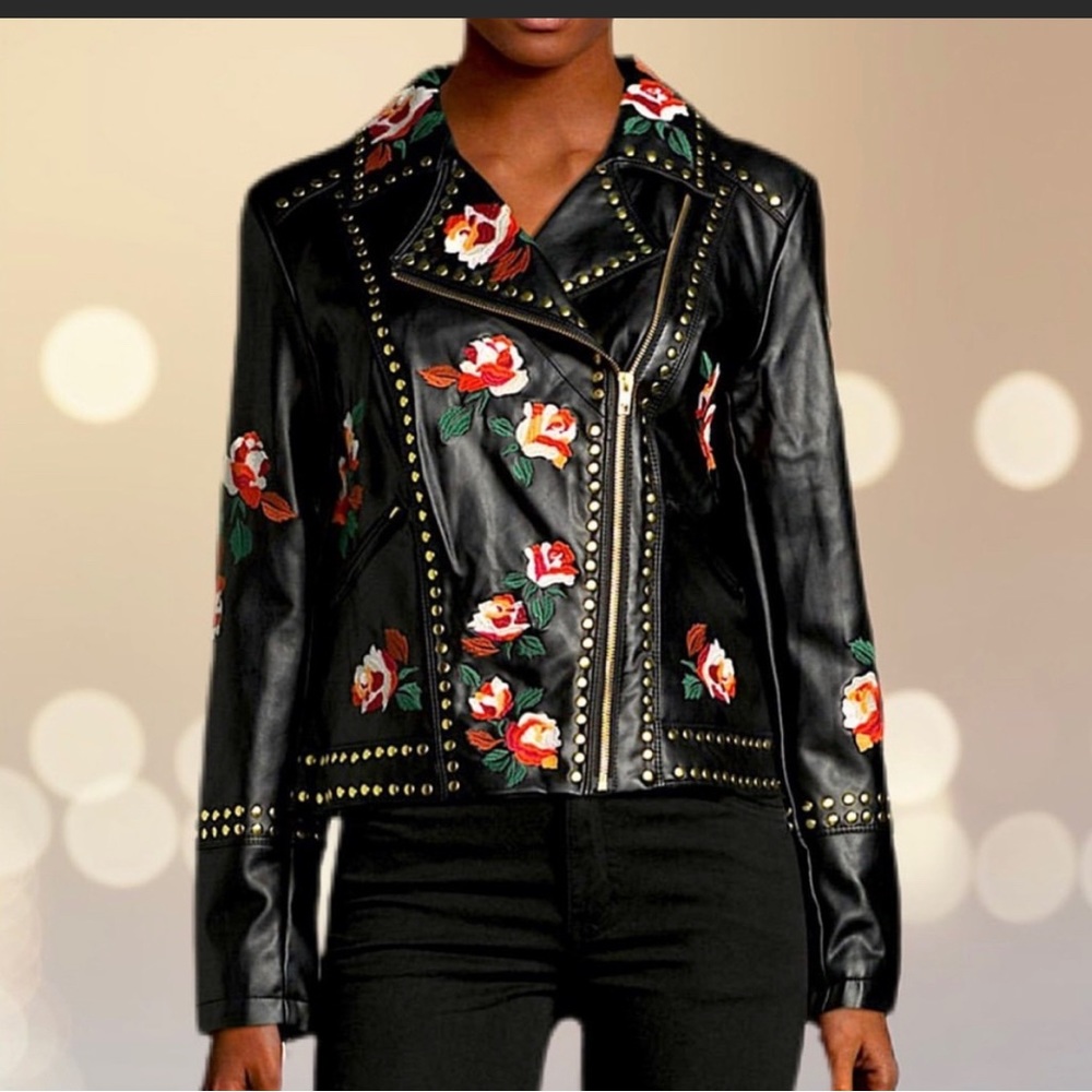 NWT Anna Sui for I.N.C Deep Black Embroidered Floral Vegan Leather Moto Jacket